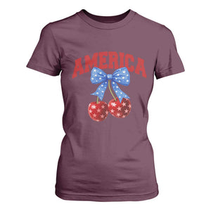 America Cherry Coquette Bow T Shirt For Women 4th of July Patriotic TS10 Maroon Print Your Wear