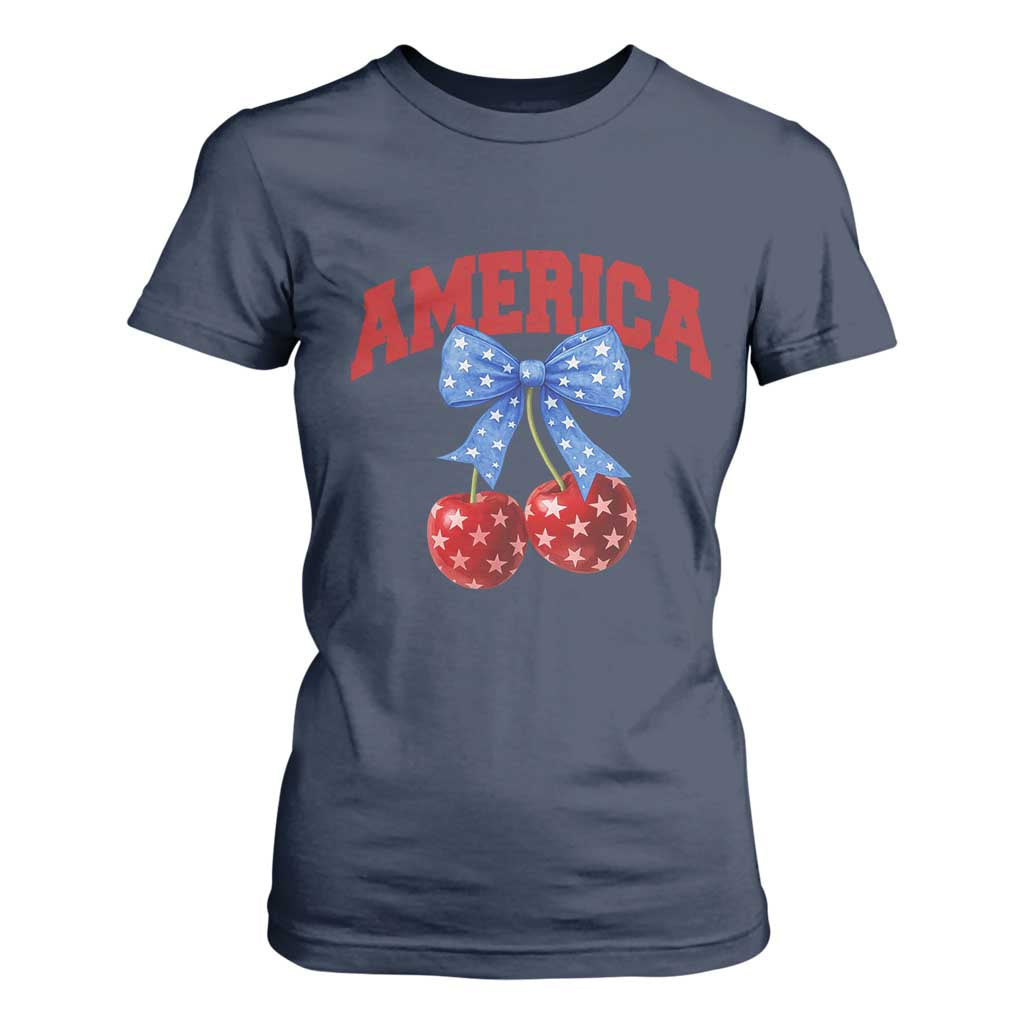 America Cherry Coquette Bow T Shirt For Women 4th of July Patriotic TS10 Navy Print Your Wear