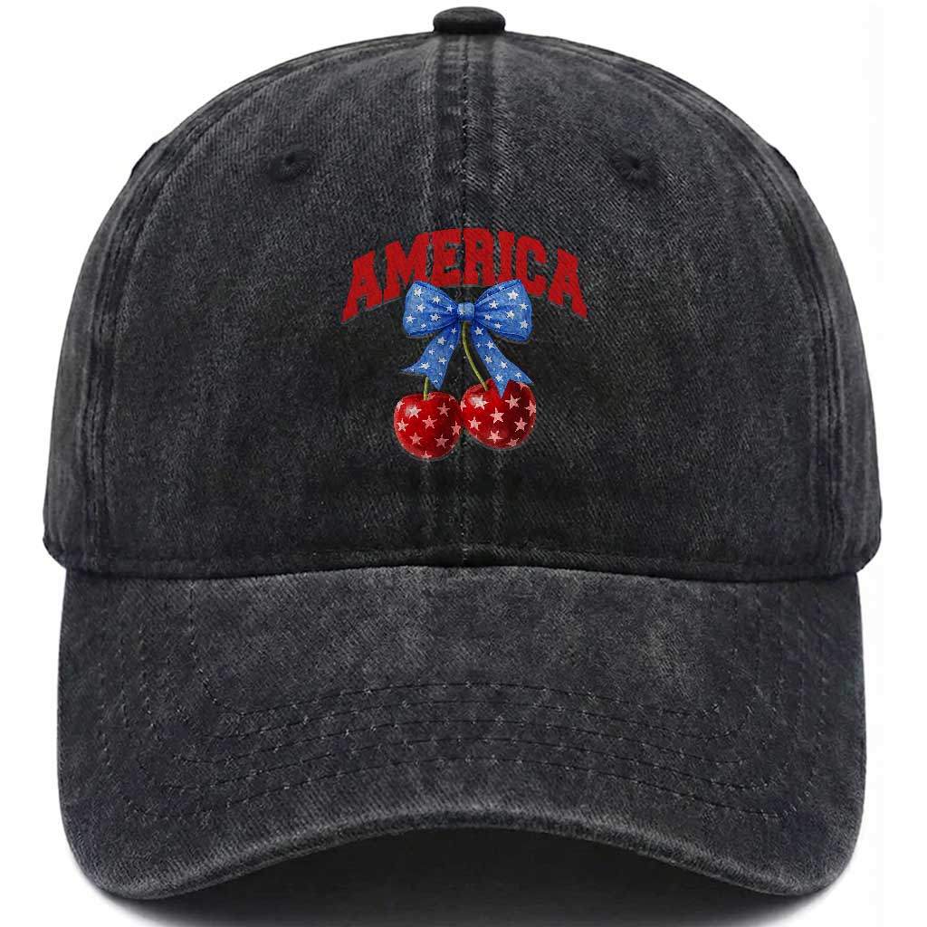 America Cherry Coquette Bow Washed Cotton Baseball Cap 4th of July Patriotic TS10 Washed Cap Universal Fit Black Print Your Wear