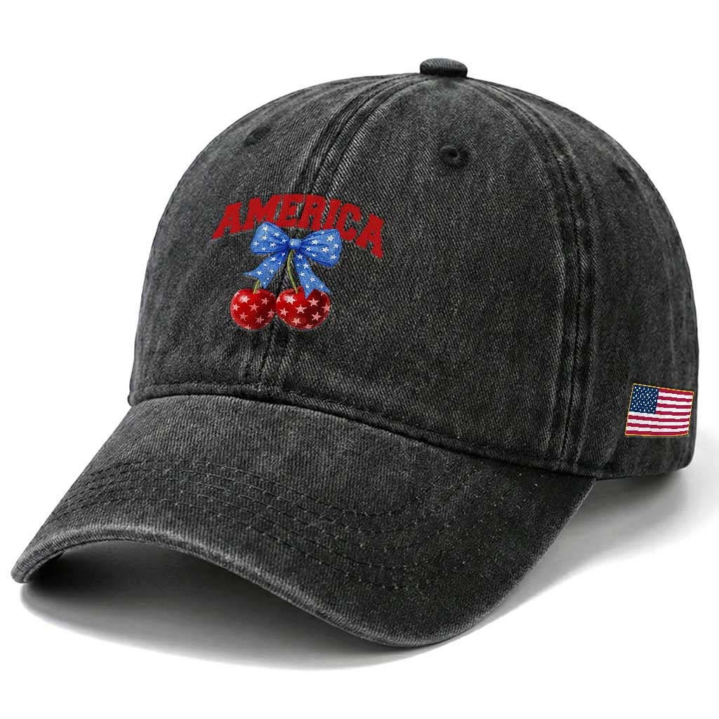 America Cherry Coquette Bow Washed Cotton Baseball Cap 4th of July Patriotic TS10 Print Your Wear