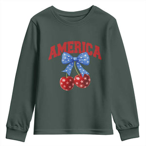 America Cherry Coquette Bow Youth Sweatshirt 4th of July Patriotic TS10 Dark Forest Green Print Your Wear