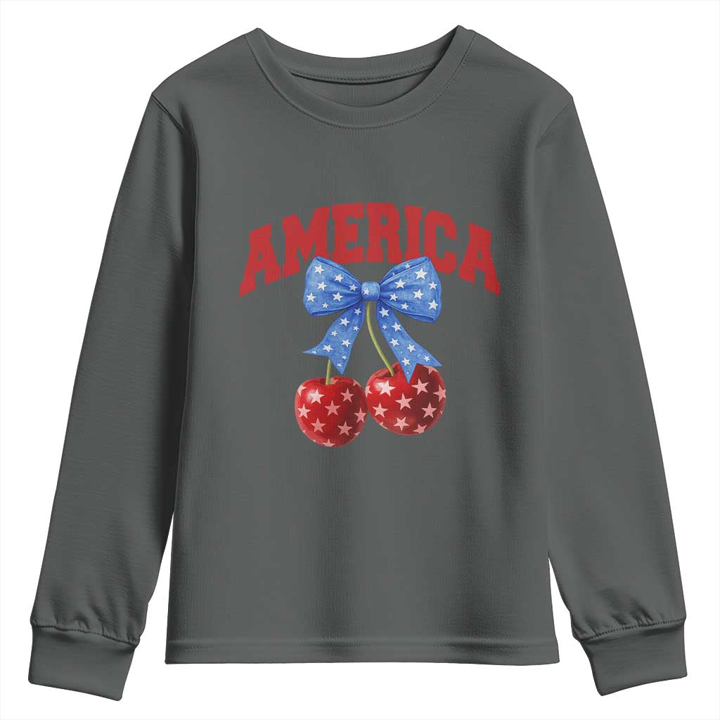 America Cherry Coquette Bow Youth Sweatshirt 4th of July Patriotic TS10 Dark Heather Print Your Wear