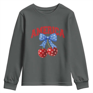 America Cherry Coquette Bow Youth Sweatshirt 4th of July Patriotic TS10 Dark Heather Print Your Wear