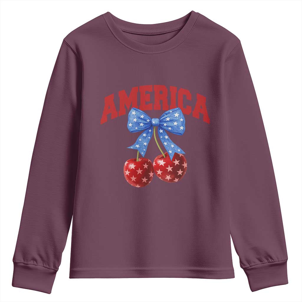 America Cherry Coquette Bow Youth Sweatshirt 4th of July Patriotic TS10 Maroon Print Your Wear