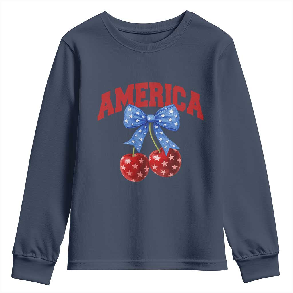 America Cherry Coquette Bow Youth Sweatshirt 4th of July Patriotic TS10 Navy Print Your Wear