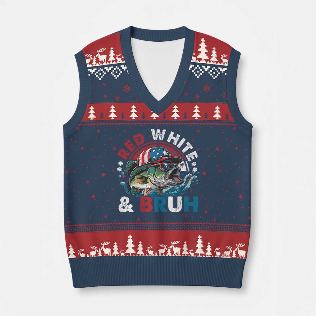 Funny Fishing V-Neck Knit Sweater Vest Red White Bruh Fisherman Gift American Flag TS10 Navy Red Print Your Wear