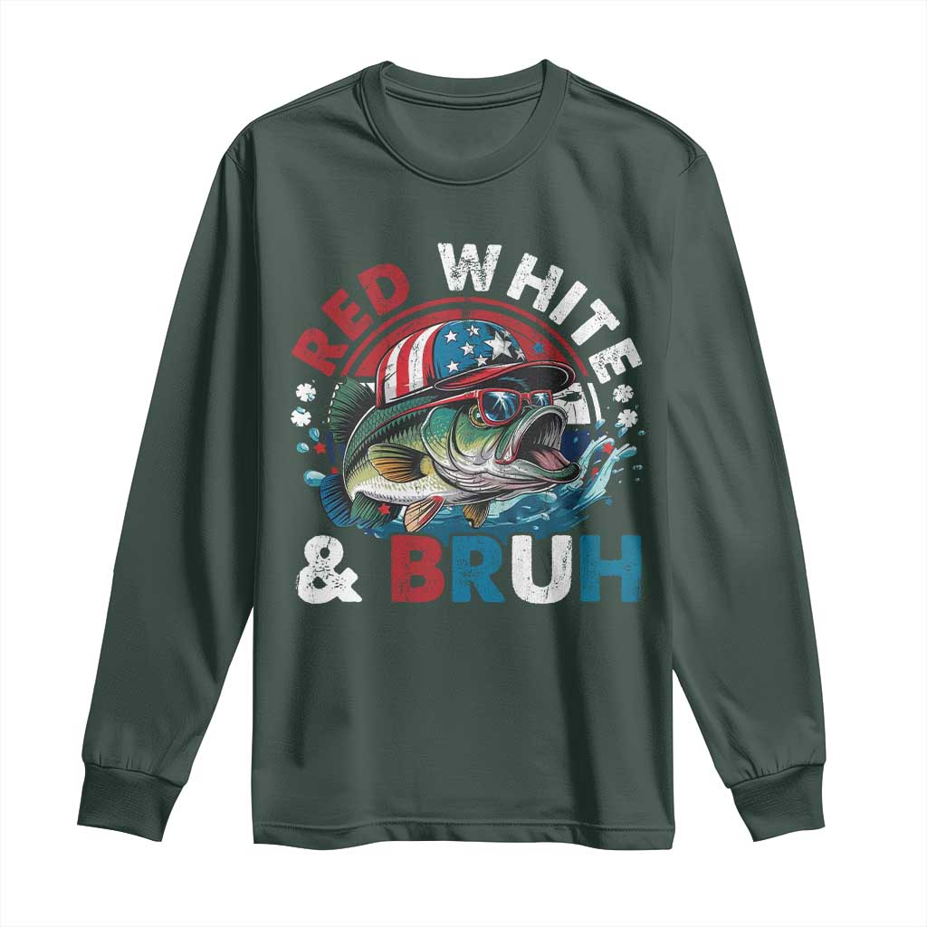 Funny Fishing Long Sleeve Shirt Red White Bruh Fisherman Gift American Flag TS10 Dark Forest Green Print Your Wear