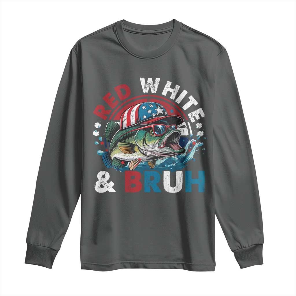 Funny Fishing Long Sleeve Shirt Red White Bruh Fisherman Gift American Flag TS10 Dark Heather Print Your Wear