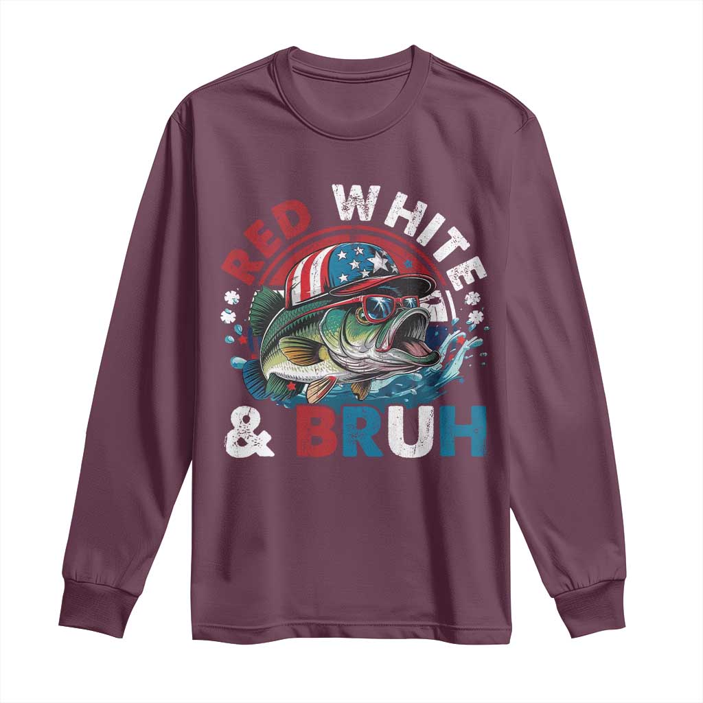 Funny Fishing Long Sleeve Shirt Red White Bruh Fisherman Gift American Flag TS10 Maroon Print Your Wear