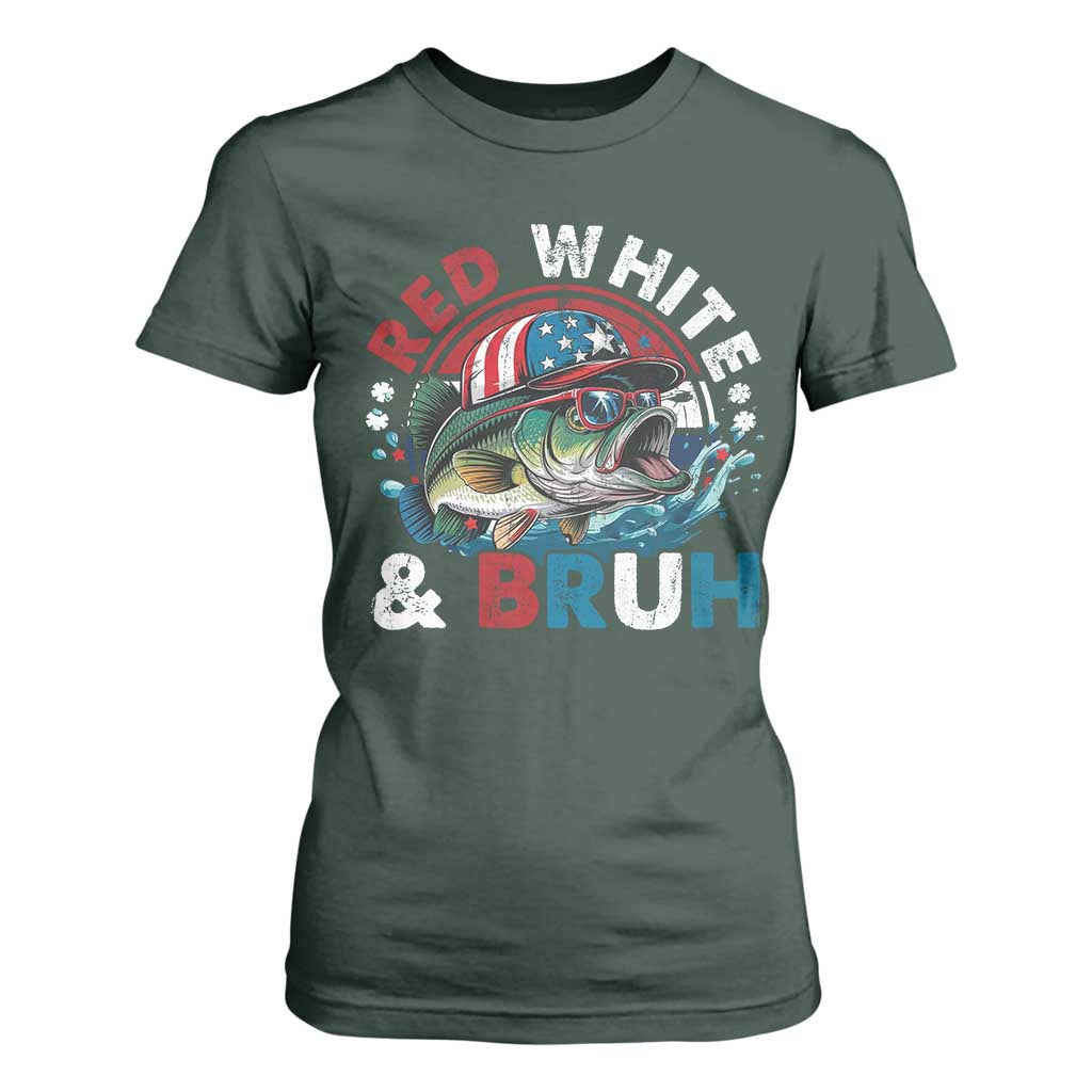 Funny Fishing T Shirt For Women Red White Bruh Fisherman Gift American Flag TS10 Dark Forest Green Print Your Wear