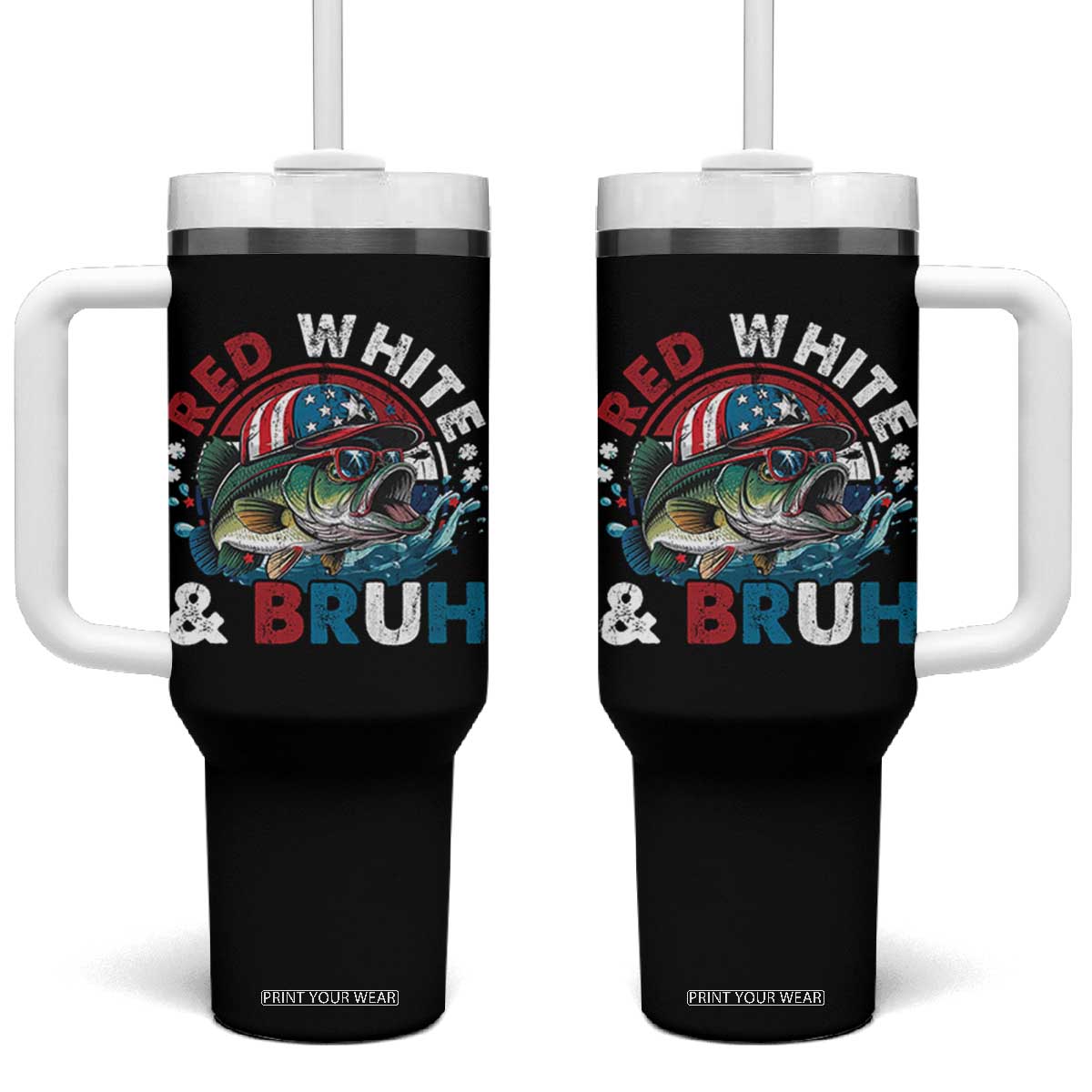Funny Fishing Tumbler With Handle Red White Bruh Fisherman Gift American Flag TS10 One Size: 40 oz Black Print Your Wear