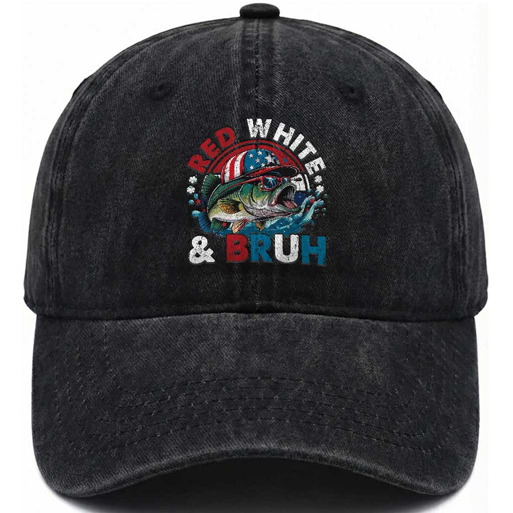 Funny Fishing Washed Cotton Baseball Cap Red White Bruh Fisherman Gift American Flag TS10 Washed Cap Universal Fit Black Print Your Wear