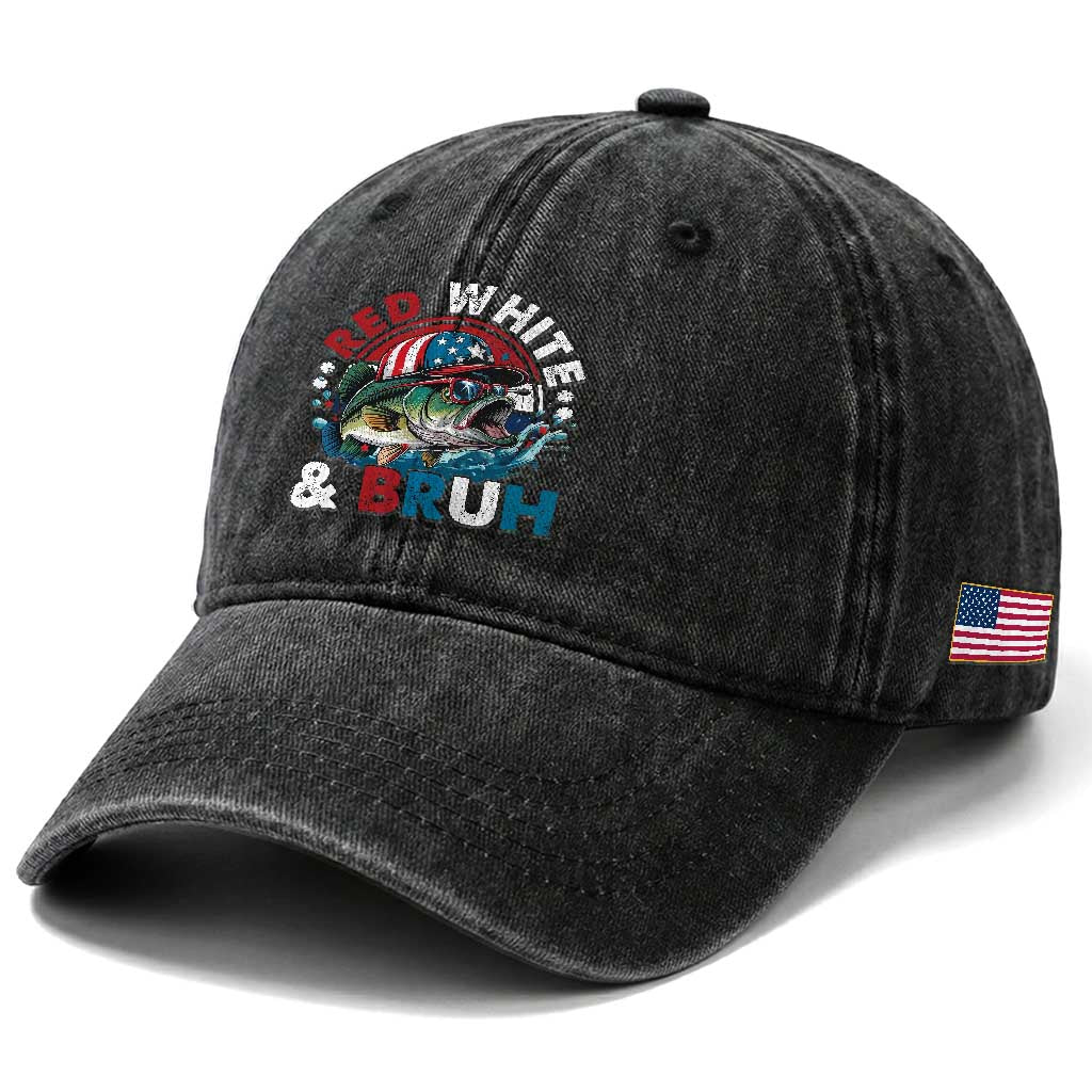 Funny Fishing Washed Cotton Baseball Cap Red White Bruh Fisherman Gift American Flag TS10 Print Your Wear