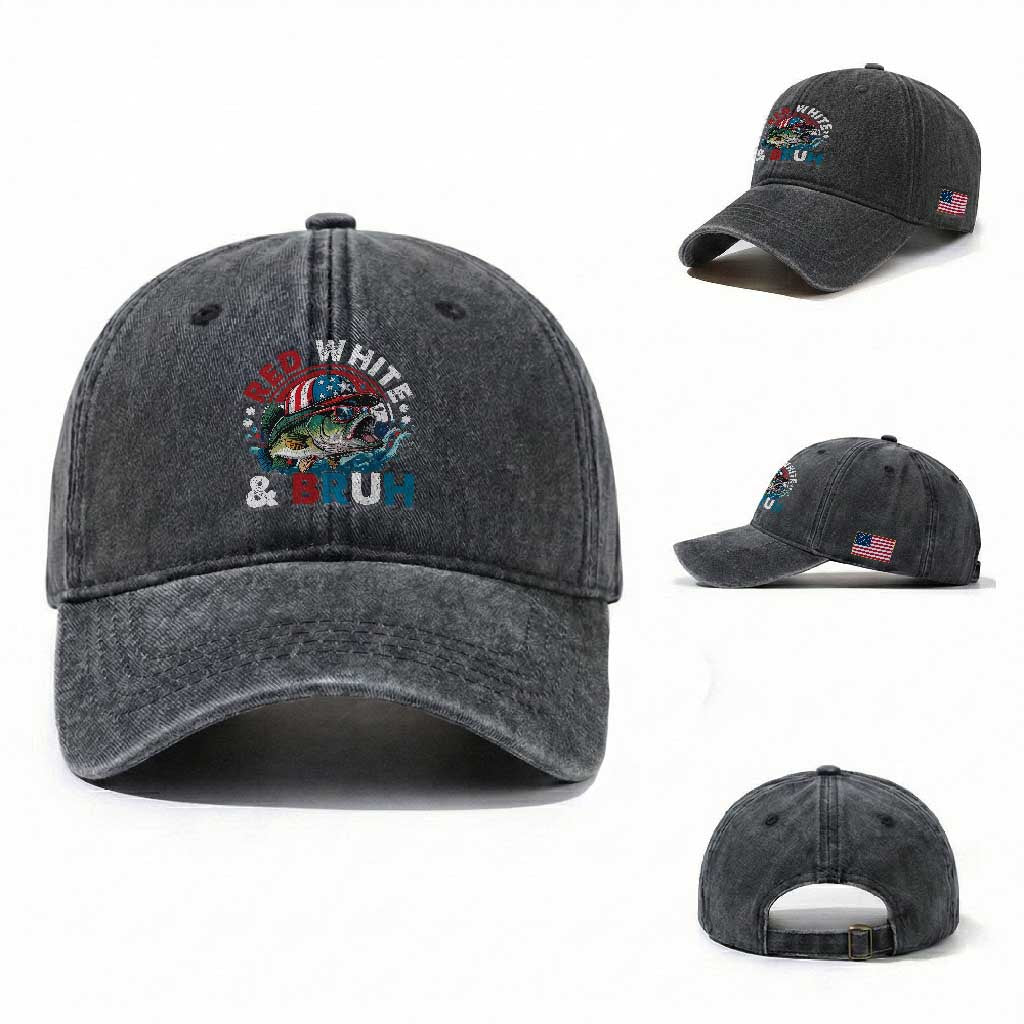 Funny Fishing Washed Cotton Baseball Cap Red White Bruh Fisherman Gift American Flag TS10 Washed Cap Universal Fit Dark Gray Print Your Wear