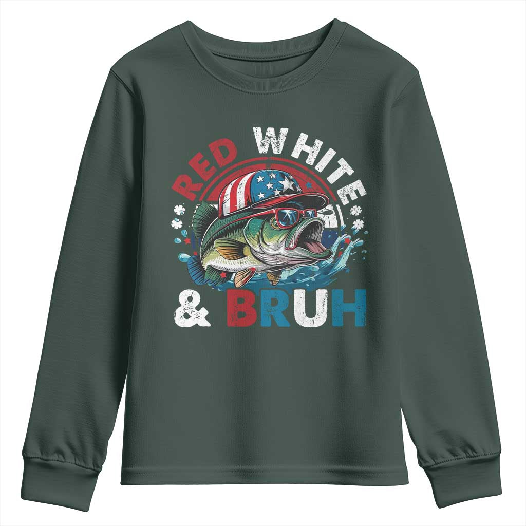 Funny Fishing Youth Sweatshirt Red White Bruh Fisherman Gift American Flag TS10 Dark Forest Green Print Your Wear
