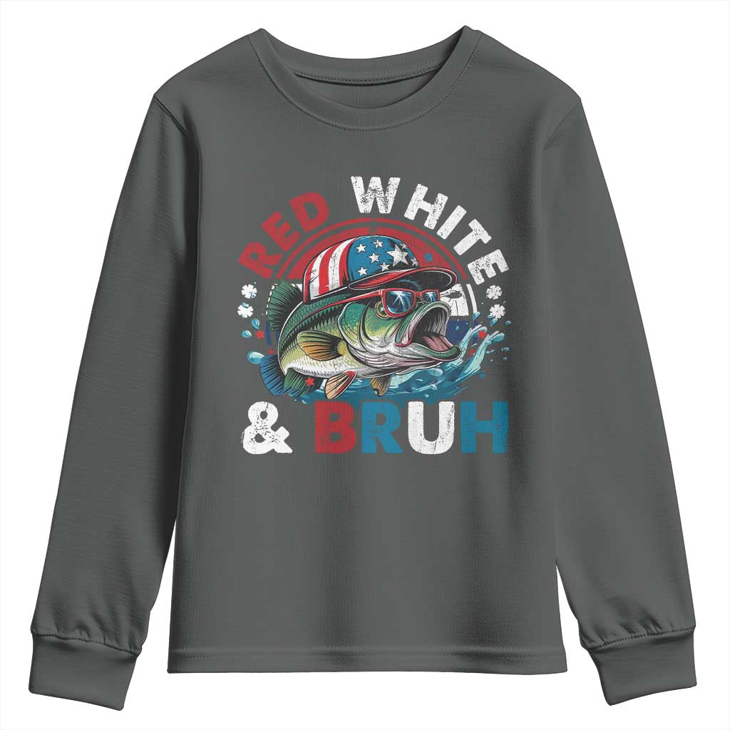 Funny Fishing Youth Sweatshirt Red White Bruh Fisherman Gift American Flag TS10 Dark Heather Print Your Wear