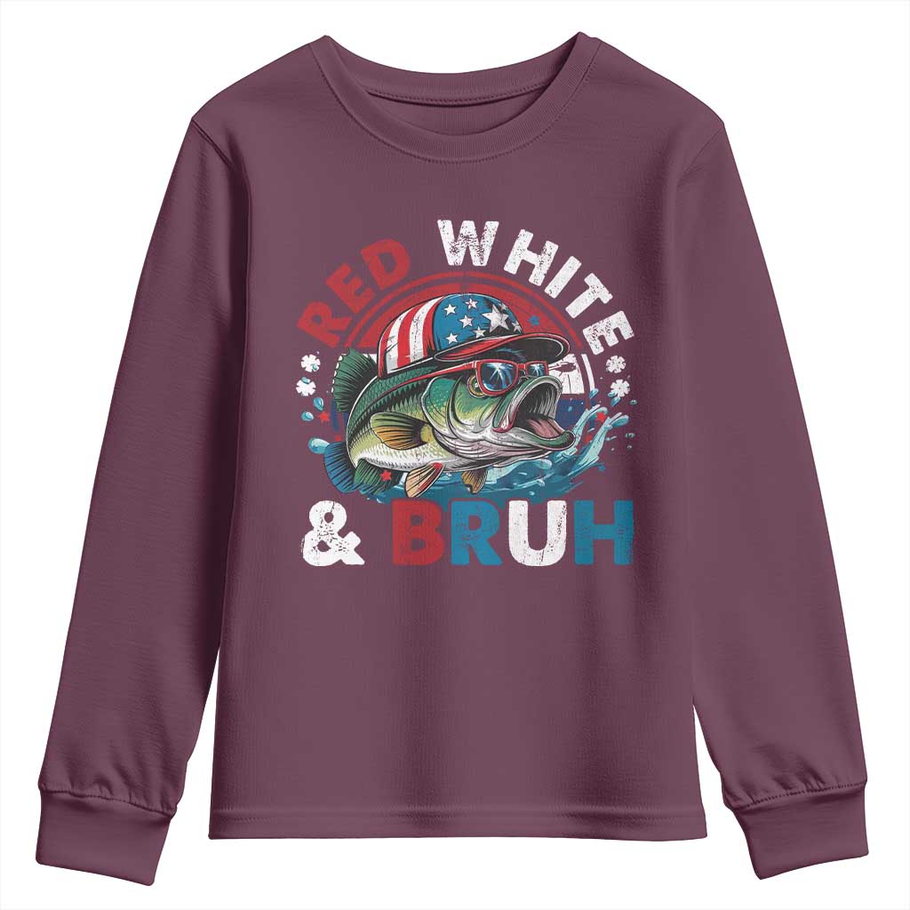 Funny Fishing Youth Sweatshirt Red White Bruh Fisherman Gift American Flag TS10 Maroon Print Your Wear