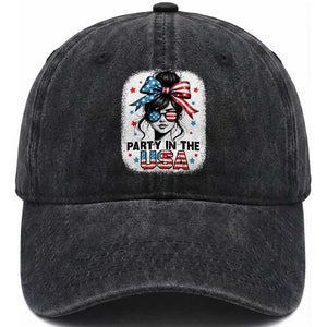 Party In USA Girls 4th of July Washed Cotton Baseball Cap Messy Bun USA TS10 Washed Cap Universal Fit Black Print Your Wear