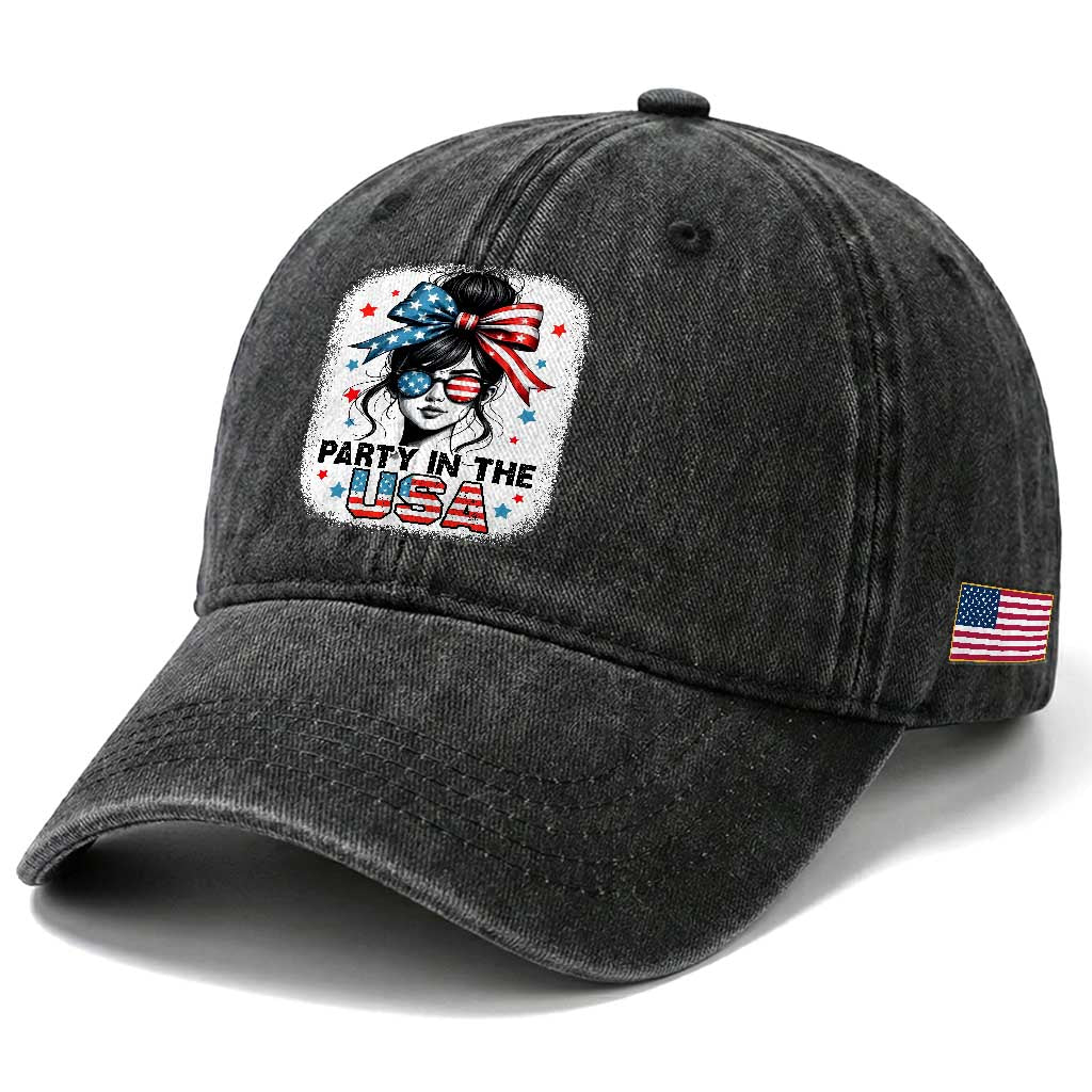 Party In USA Girls 4th of July Washed Cotton Baseball Cap Messy Bun USA TS10 Print Your Wear