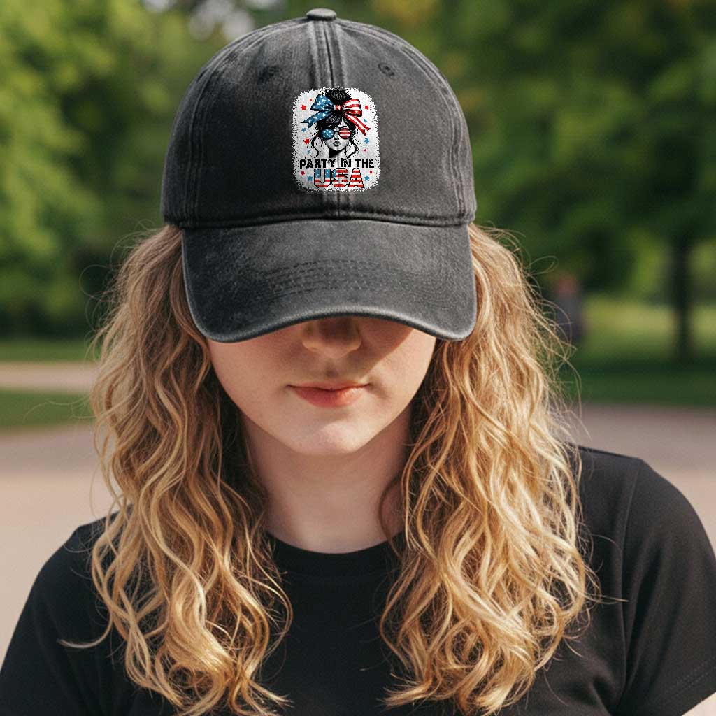 Party In USA Girls 4th of July Washed Cotton Baseball Cap Messy Bun USA TS10 Print Your Wear