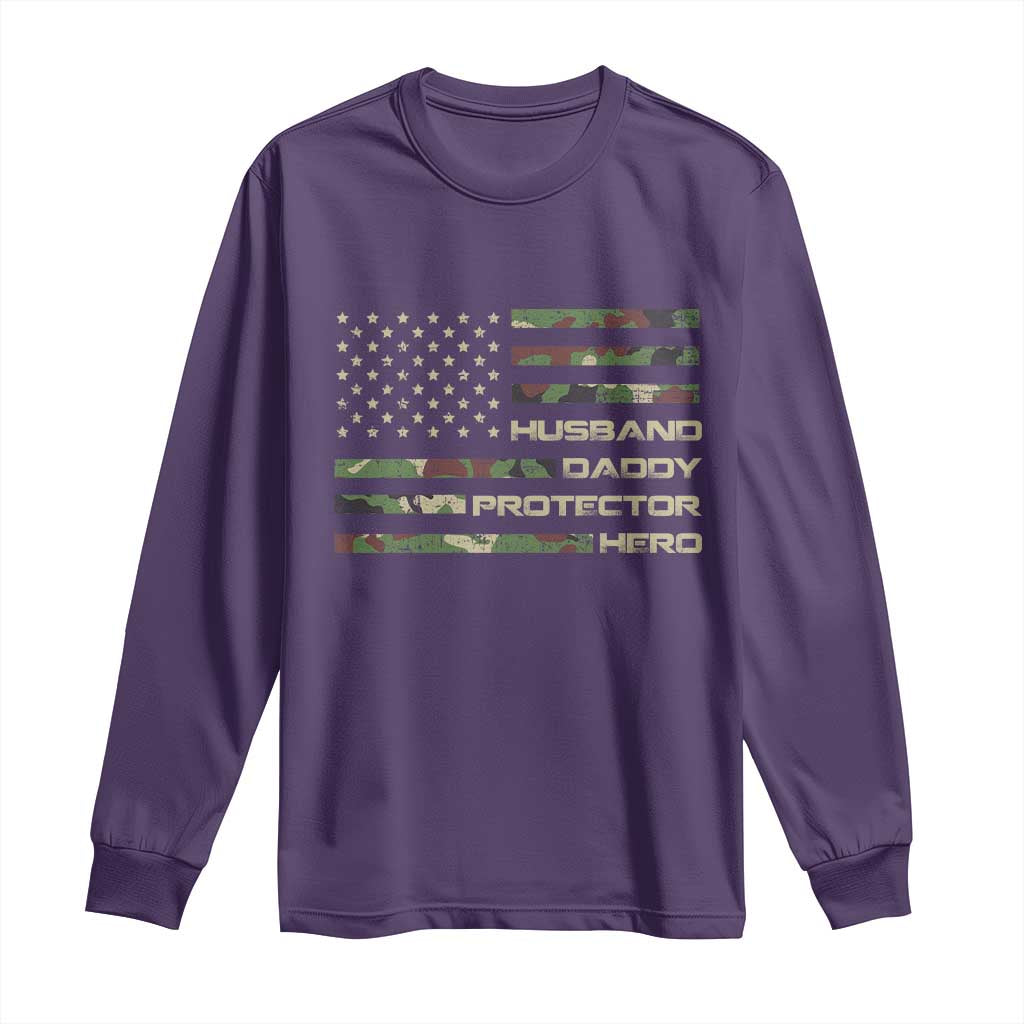 Husband Daddy Protector Hero Long Sleeve Shirt Camo American Flag Fathers Day Gifts For Husband Hubby Dad TS10 Purple Print Your Wear