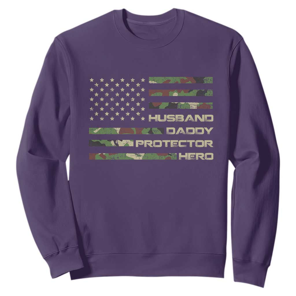 Husband Daddy Protector Hero Sweatshirt Camo American Flag Fathers Day Gifts For Husband Hubby Dad TS10 Purple Print Your Wear