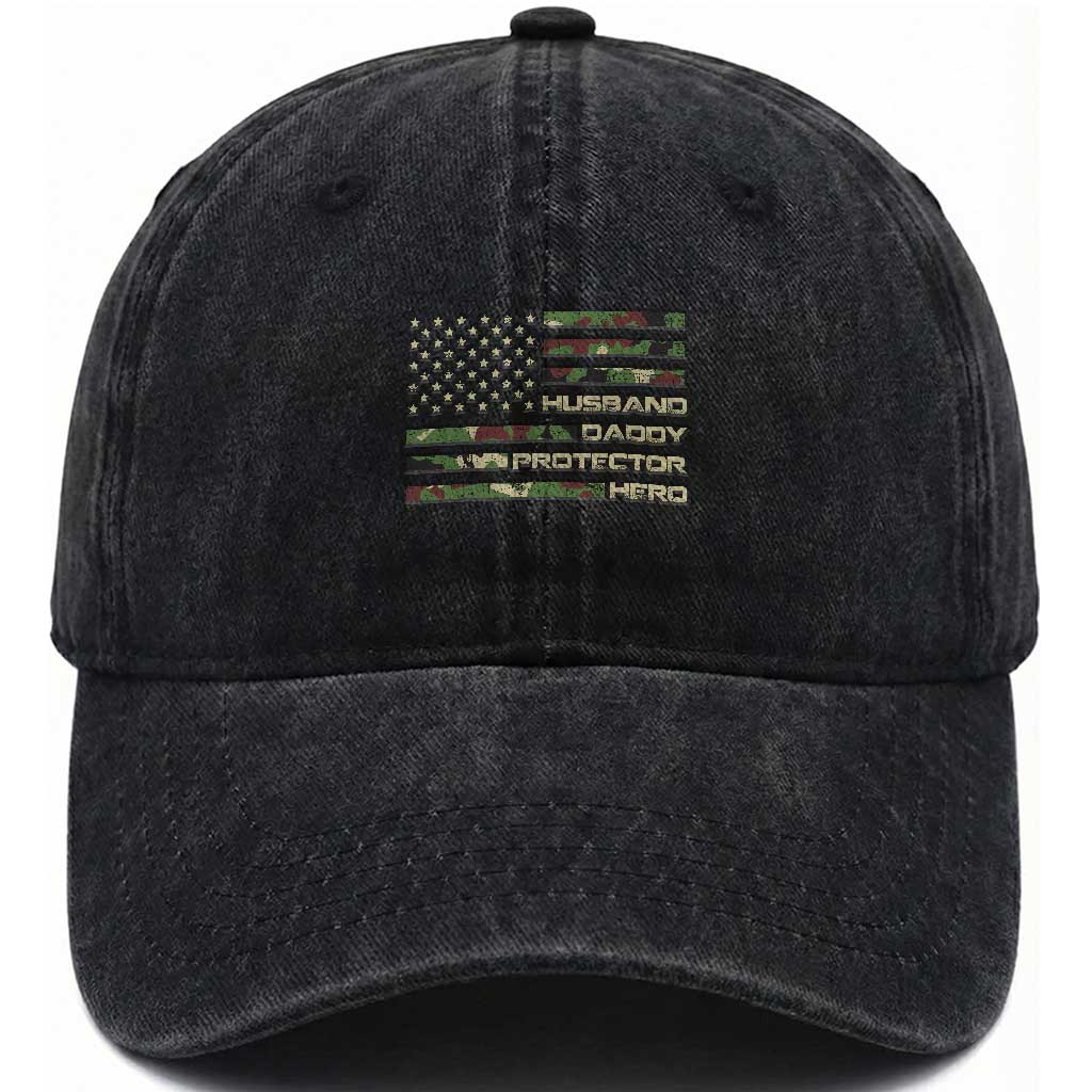 Husband Daddy Protector Hero Washed Cotton Baseball Cap Camo American Flag Fathers Day Gifts For Husband Hubby Dad TS10 Print Your Wear