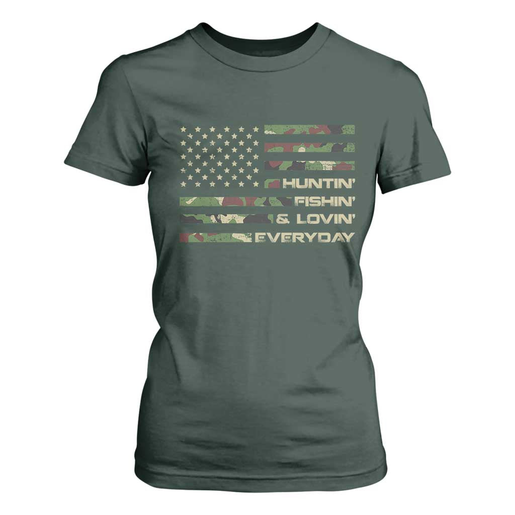 Hunting Fishing Loving T Shirt For Women Hunter Fisher Camo American Flag