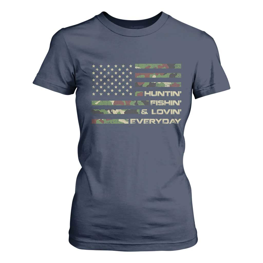 Hunting Fishing Loving T Shirt For Women Hunter Fisher Camo American Flag