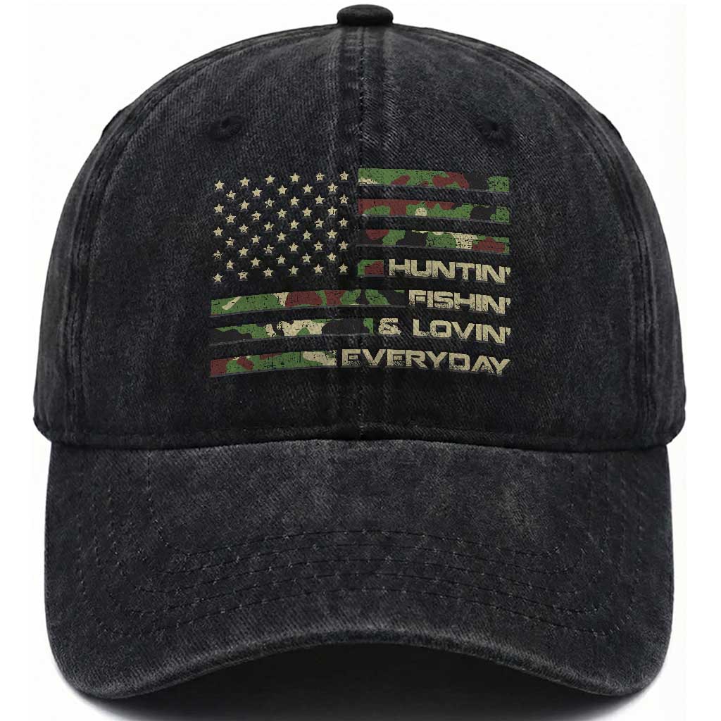Hunting Fishing Loving Washed Cotton Baseball Cap Hunter Fisher Camo American Flag