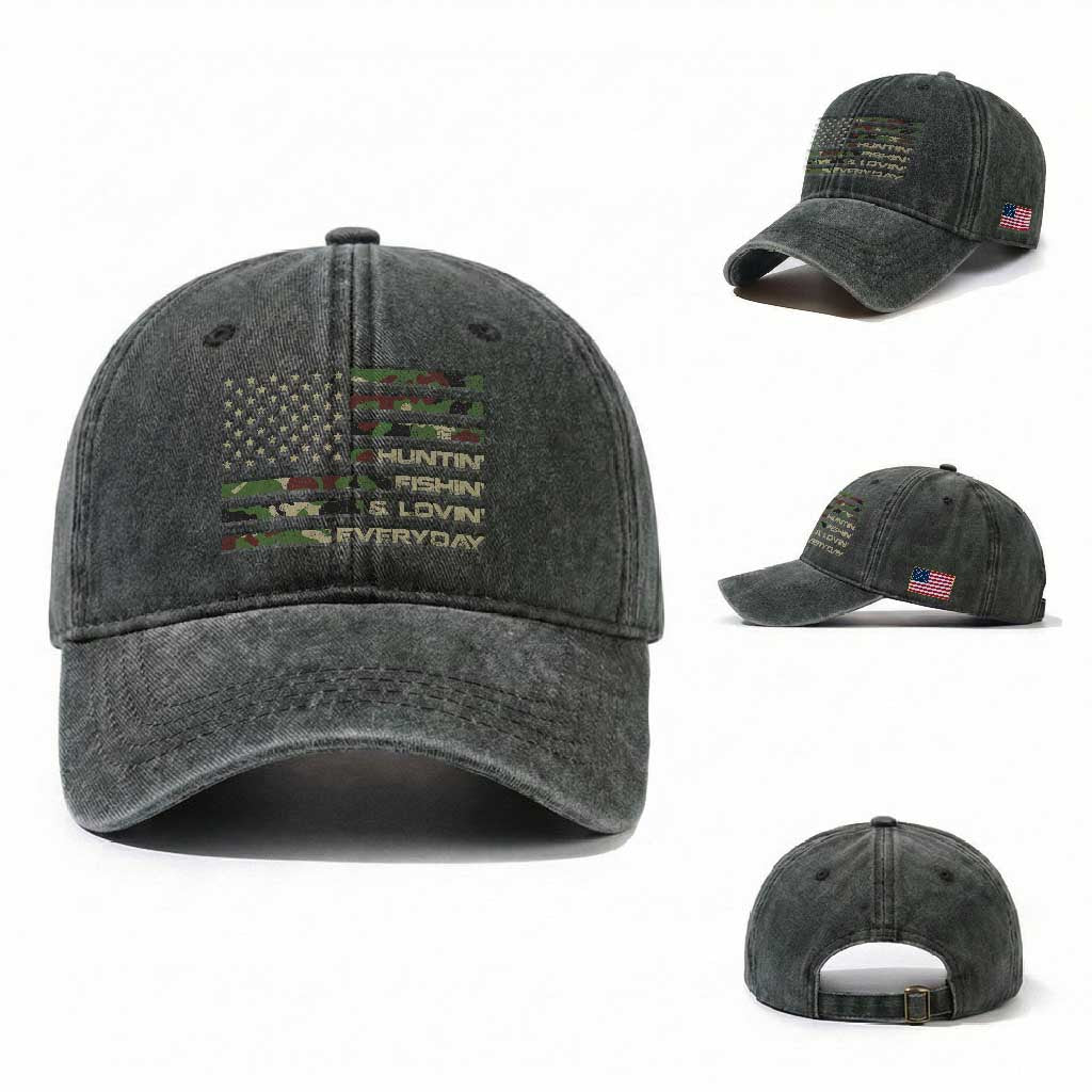Hunting Fishing Loving Washed Cotton Baseball Cap Hunter Fisher Camo American Flag