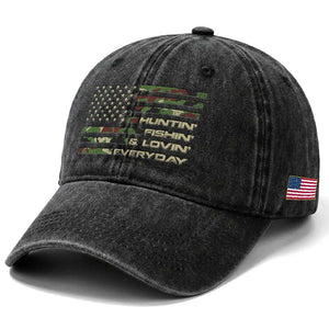 Hunting Fishing Loving Washed Cotton Baseball Cap Hunter Fisher Camo American Flag
