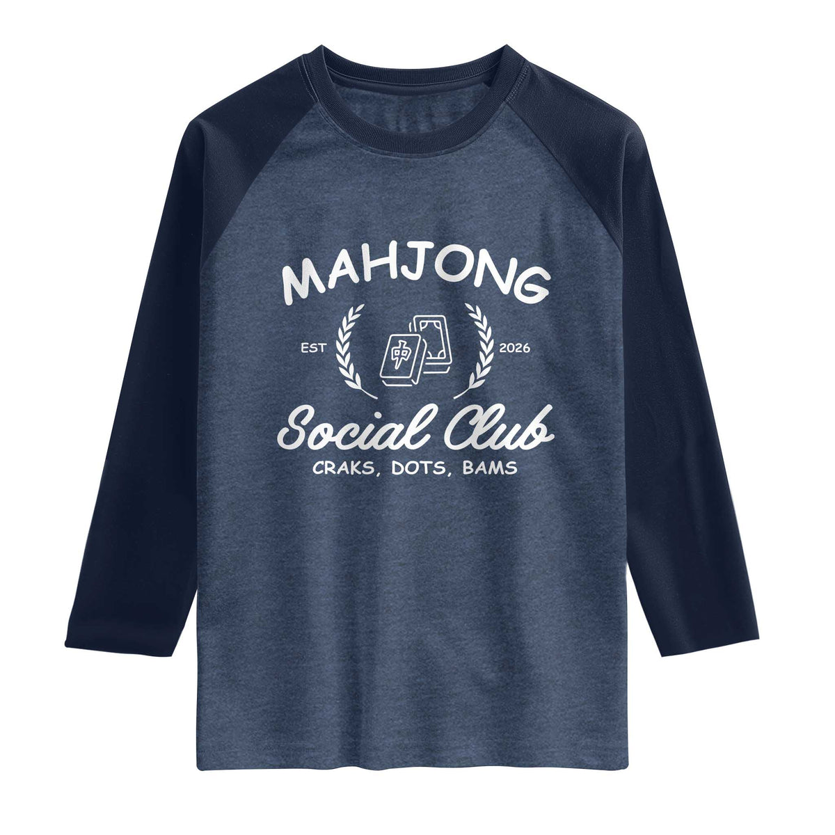 Funny Mahjong Social Club Raglan Shirt Craks Dots Bams Mahjong Player Game Lovers TS10 Heather Denim Navy Print Your Wear
