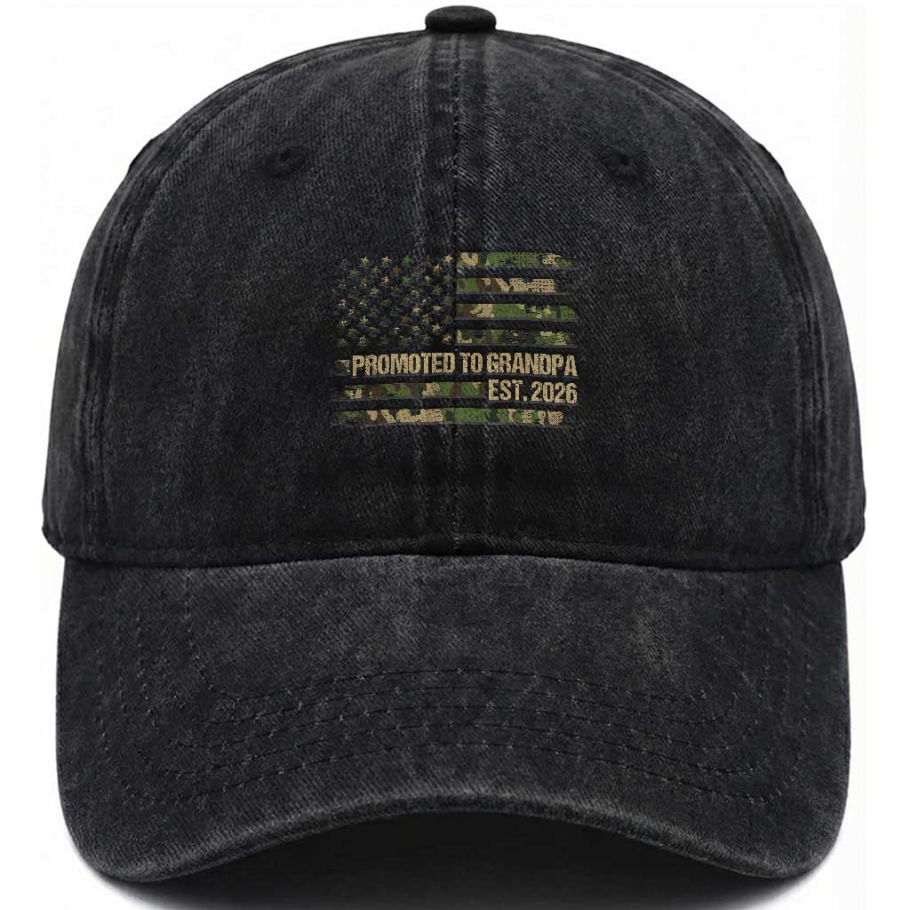 Promoted To Grandpa Est. 2026 Washed Cotton Baseball Cap Retro Camo American Flag TS10 Print Your Wear