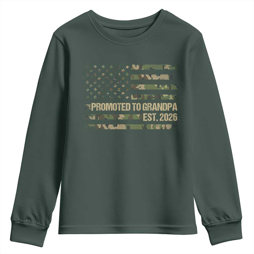 Promoted To Grandpa Est. 2026 Youth Sweatshirt Retro Camo American Flag TS10 Dark Forest Green Print Your Wear