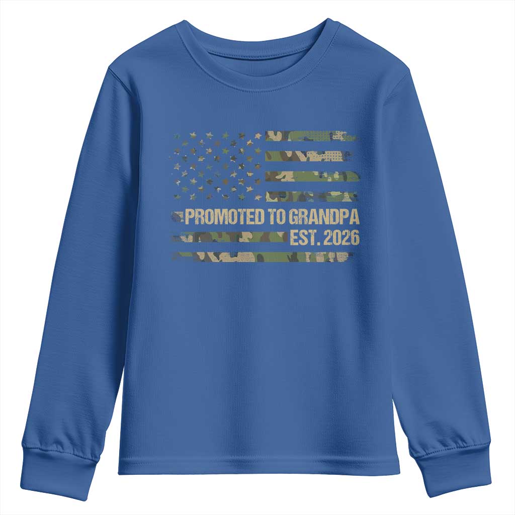 Promoted To Grandpa Est. 2026 Youth Sweatshirt Retro Camo American Flag TS10 Royal Blue Print Your Wear