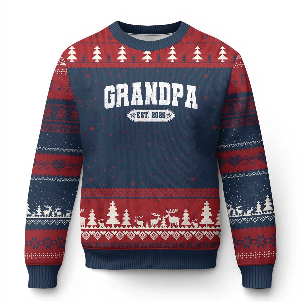 Grandpa Est 2026 Ugly Christmas Sweater Promoted To Grandpa Paternity Fathers Day TS10 Navy Red Print Your Wear