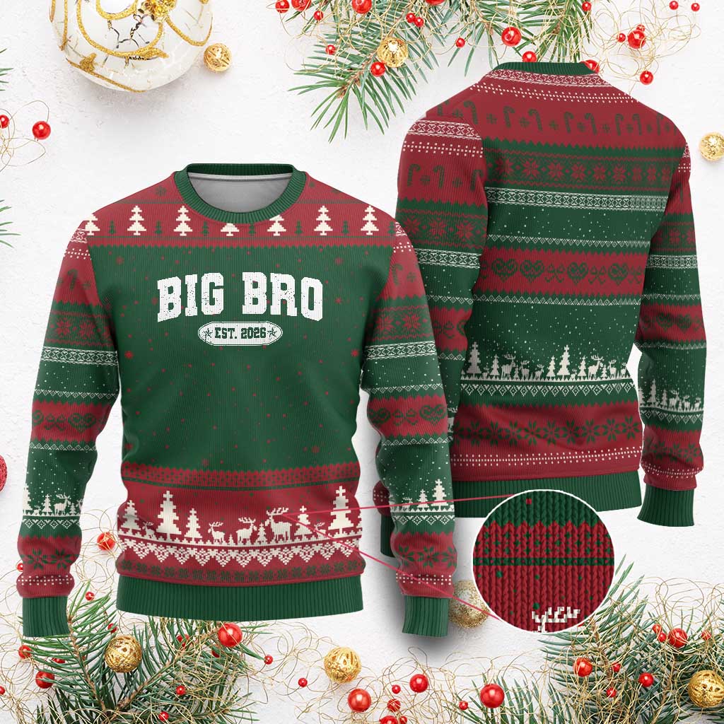 Big Bro Est 2026 Ugly Christmas Sweater Promoted To Brother Sibling Reveal TS10 Red Green Print Your Wear