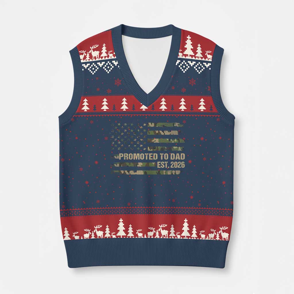 Promoted To Dad Est 2026 V-Neck Knit Sweater Vest Retro Camo American Flag TS10 Navy Red Print Your Wear