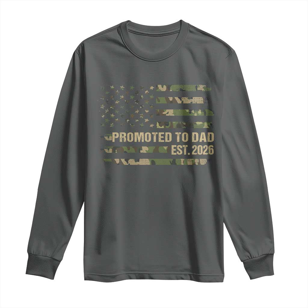 Promoted To Dad Est 2026 Long Sleeve Shirt Retro Camo American Flag TS10 Dark Heather Print Your Wear