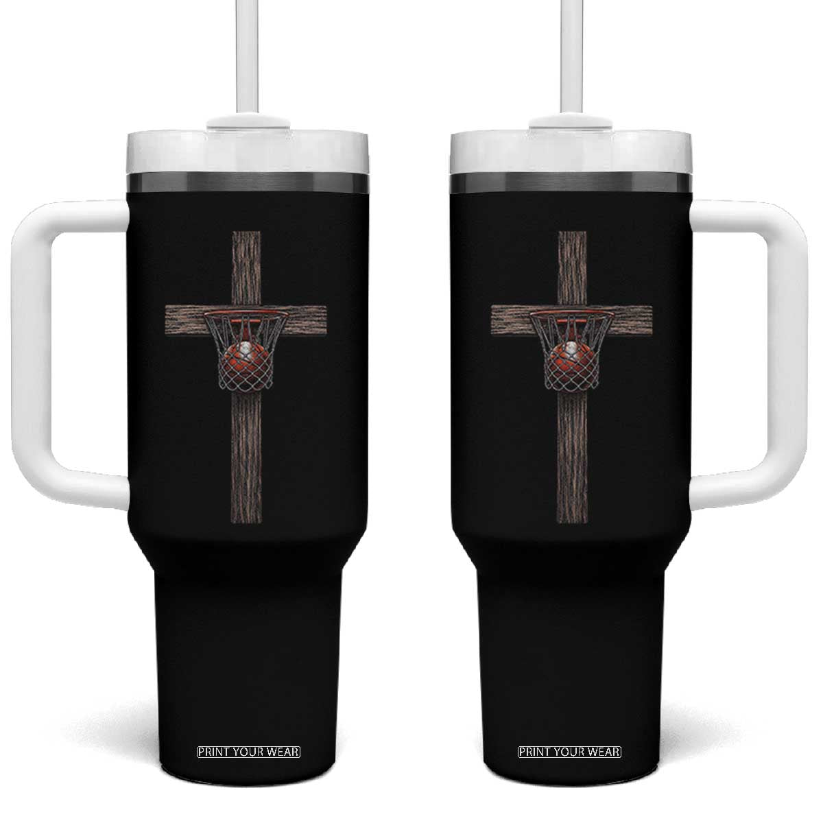 Christian Cross Basketball Tumbler With Handle Faith Basketball Player Graphic TS10 One Size: 40 oz Black Print Your Wear