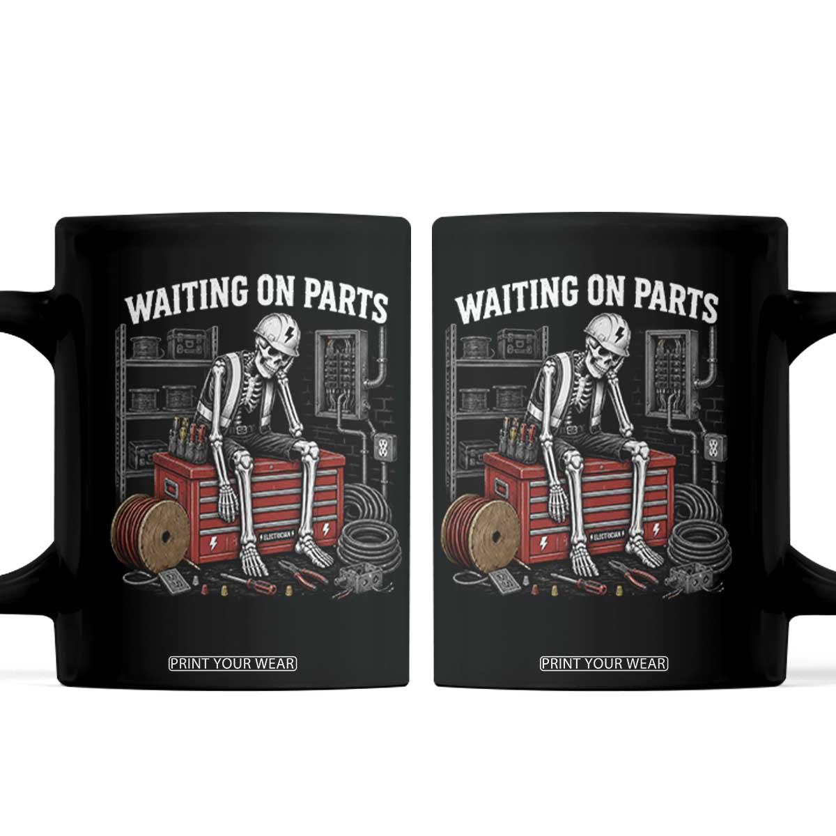 Electrician Skeleton Coffee Mug Waiting On Parts Funny Graphic TS10 Black Print Your Wear