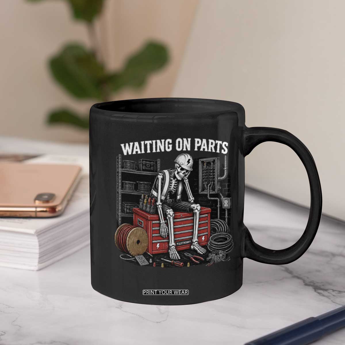 Electrician Skeleton Coffee Mug Waiting On Parts Funny Graphic