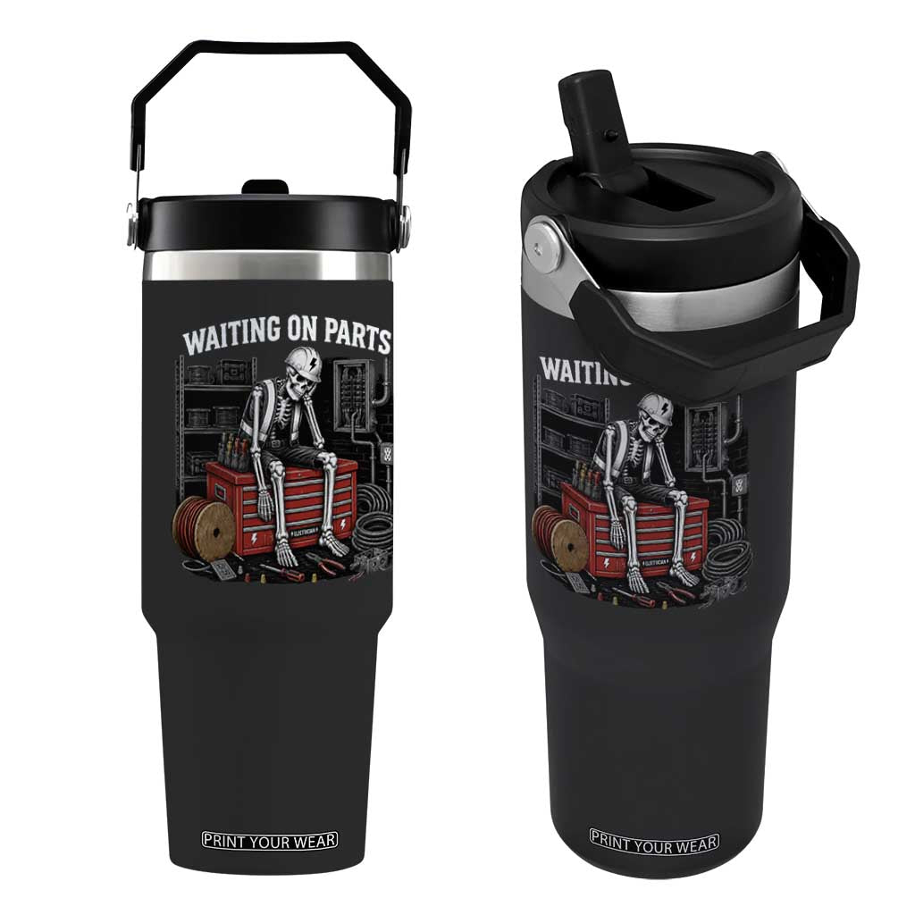 Electrician Skeleton Flip Straw Tumbler Waiting On Parts Funny Graphic