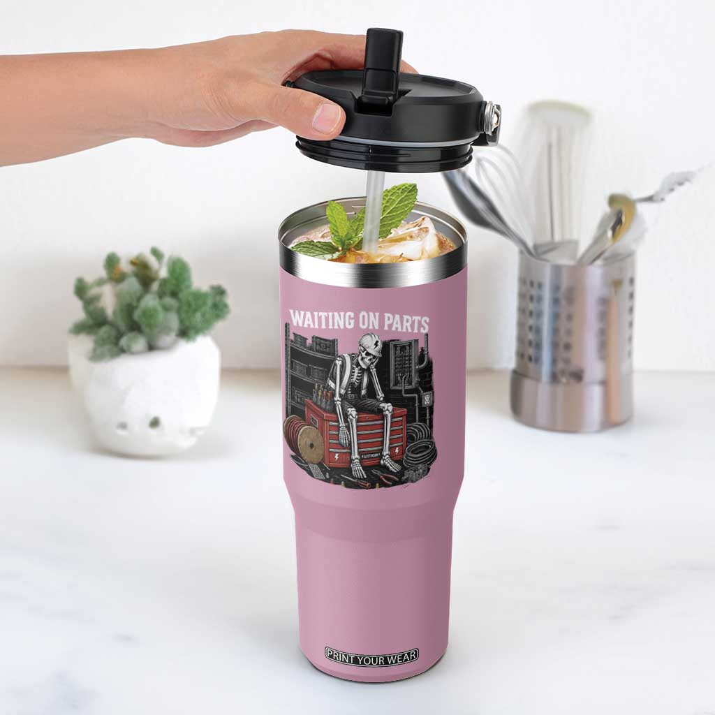 Electrician Skeleton Flip Straw Tumbler Waiting On Parts Funny Graphic