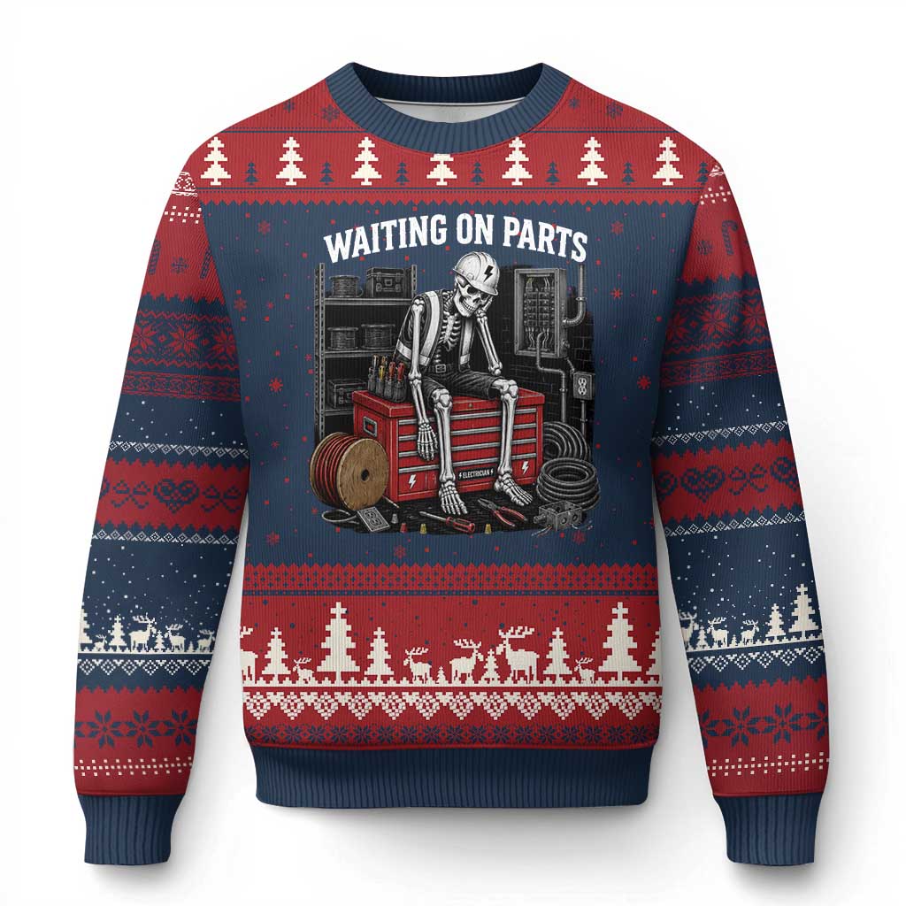 Electrician Skeleton Ugly Christmas Sweater Waiting On Parts Funny Graphic