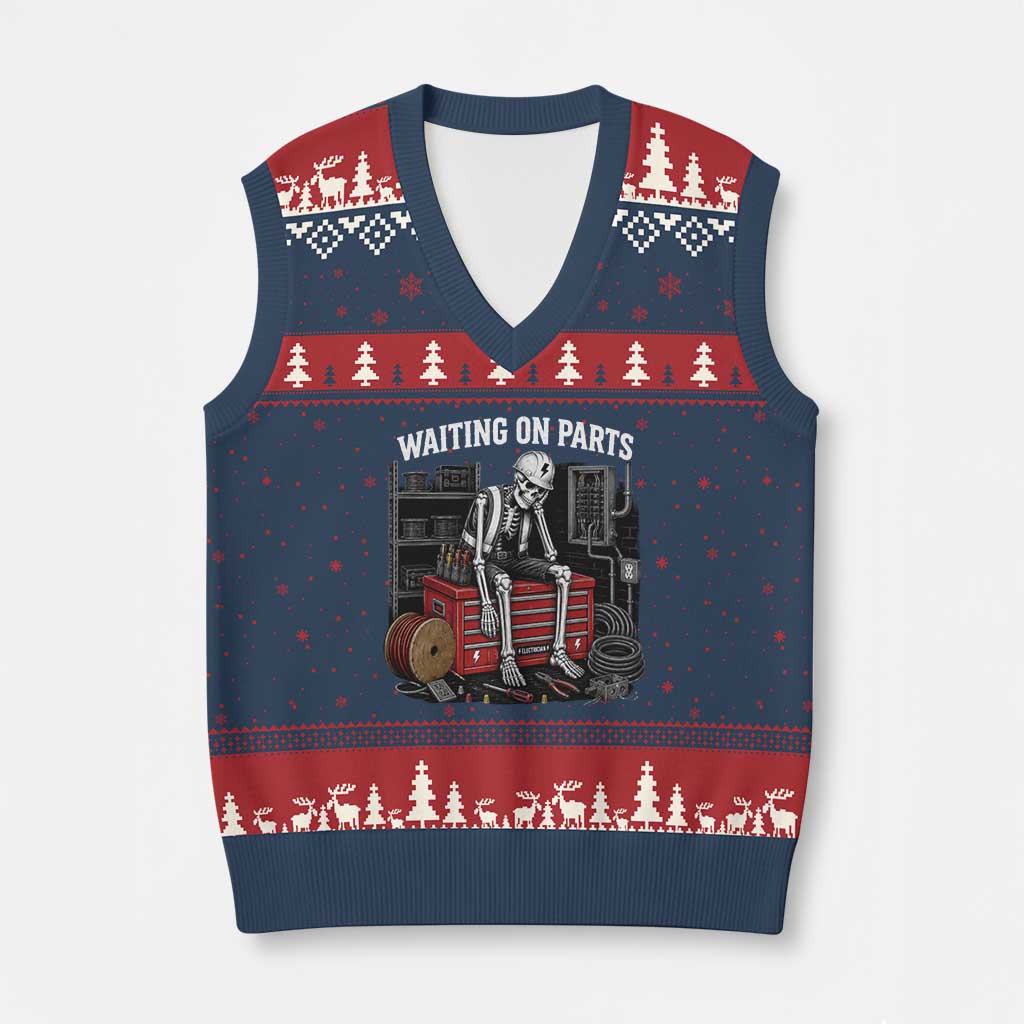 Electrician Skeleton V-Neck Knit Sweater Vest Waiting On Parts Funny Graphic