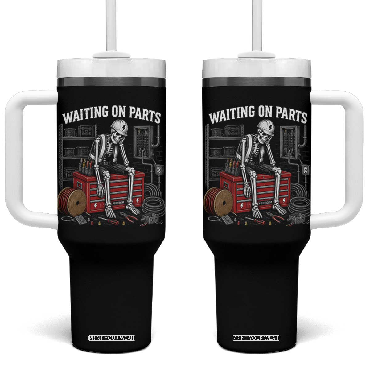 Electrician Skeleton Tumbler With Handle Waiting On Parts Funny Graphic