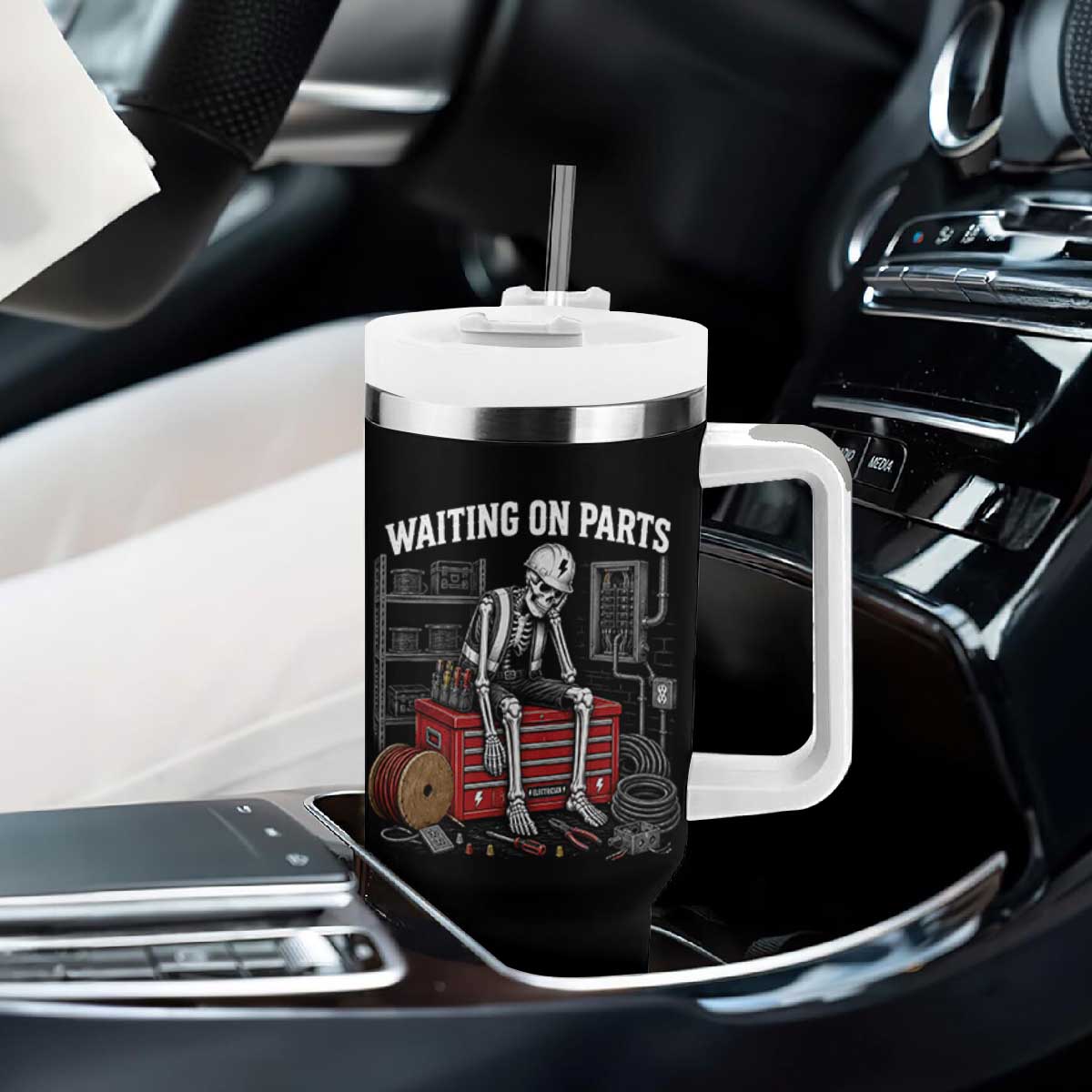 Electrician Skeleton Tumbler With Handle Waiting On Parts Funny Graphic