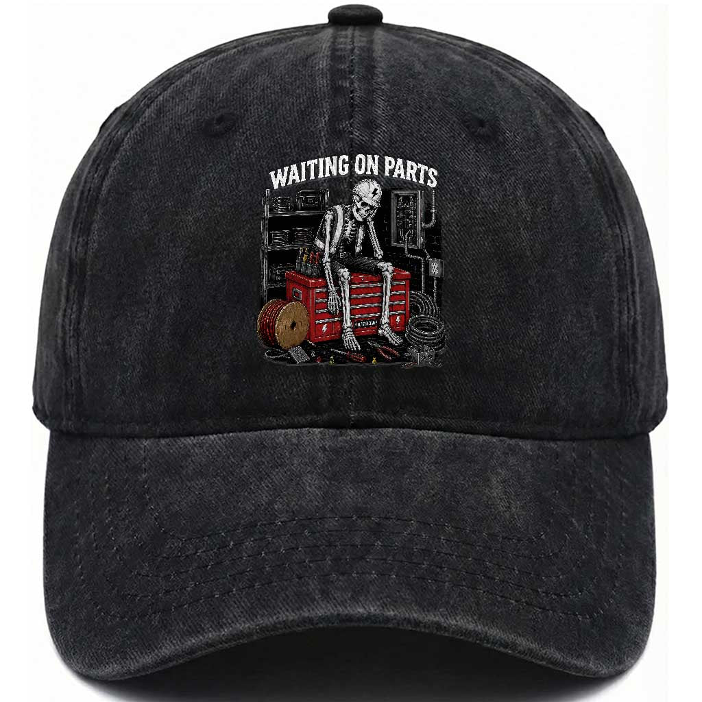 Electrician Skeleton Washed Cotton Baseball Cap Waiting On Parts Funny Graphic TS10 Print Your Wear